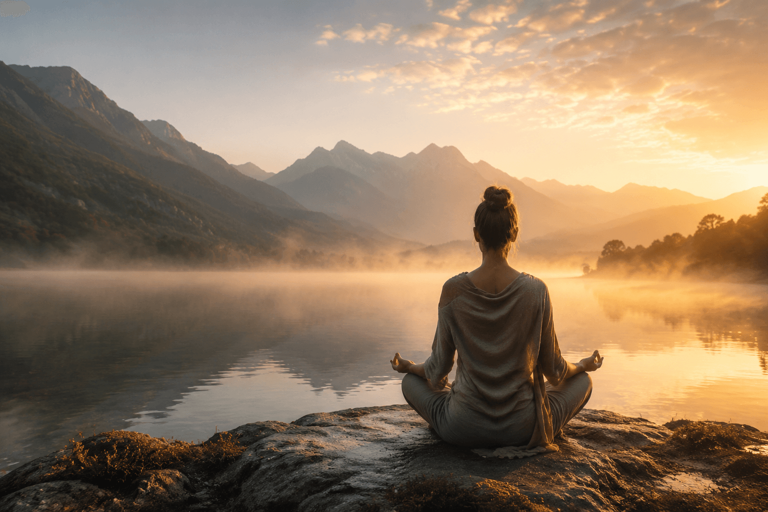 Personne en méditation sereine au lever du jour près d'un lac calme, ambiance apaisante et spirituelle