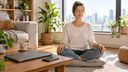 Femme assise en tailleur près d'une fenêtre, yeux fermés, faisant une courte pause de méditation avant sa journée de travail