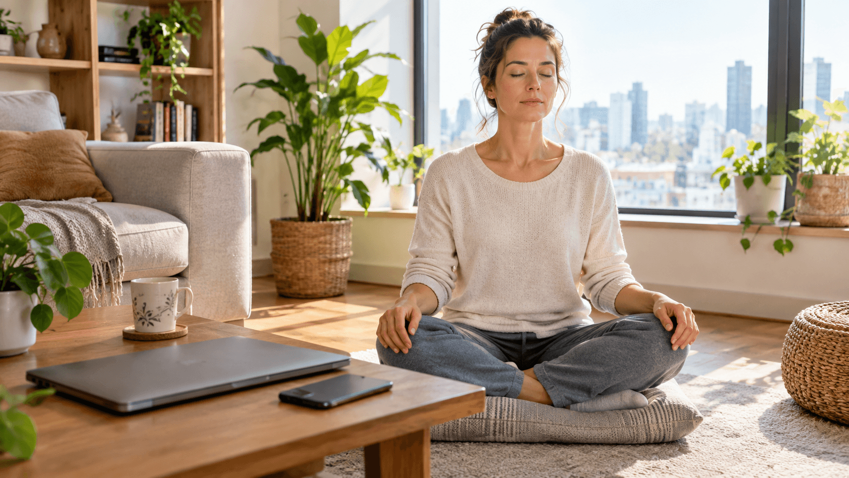 Femme assise en tailleur près d'une fenêtre, yeux fermés, faisant une courte pause de méditation avant sa journée de travail