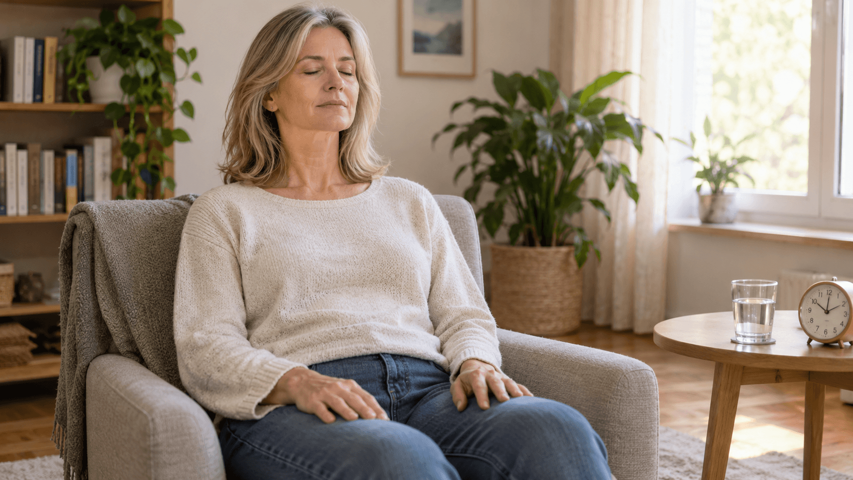 Femme d’une cinquantaine d’années assise les yeux fermés dans un fauteuil, en méditation silencieuse dans un salon lumineux