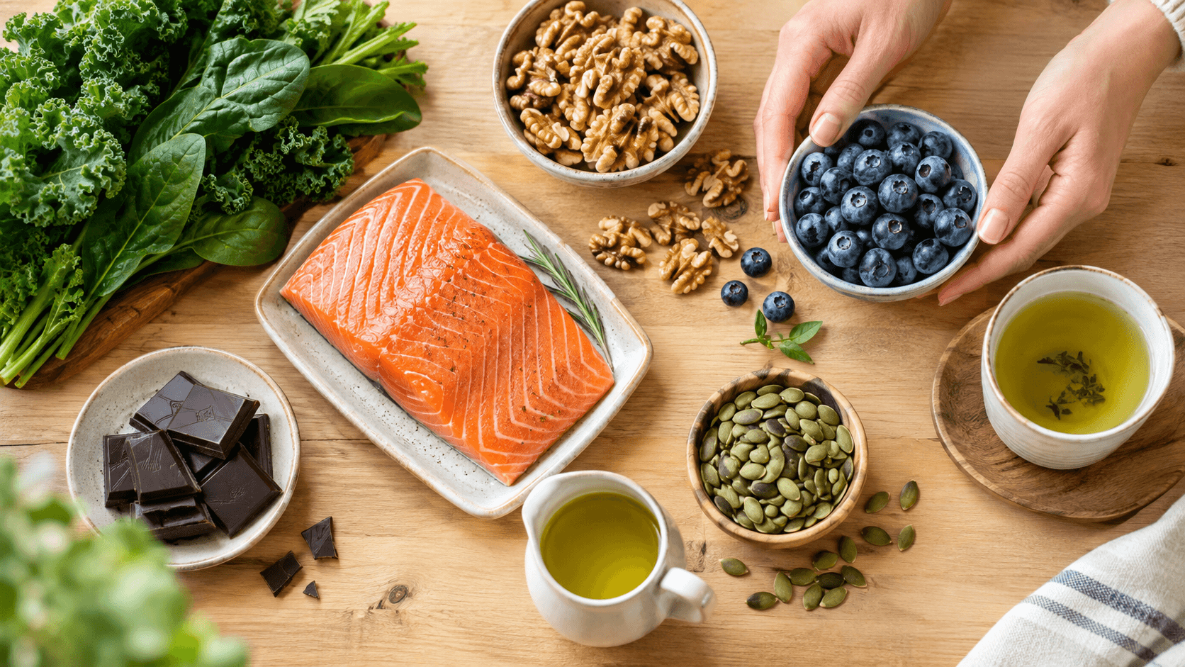 Vue de dessus d'aliments bons pour le cerveau sur une table en bois : saumon, noix, myrtilles et huile d'olive