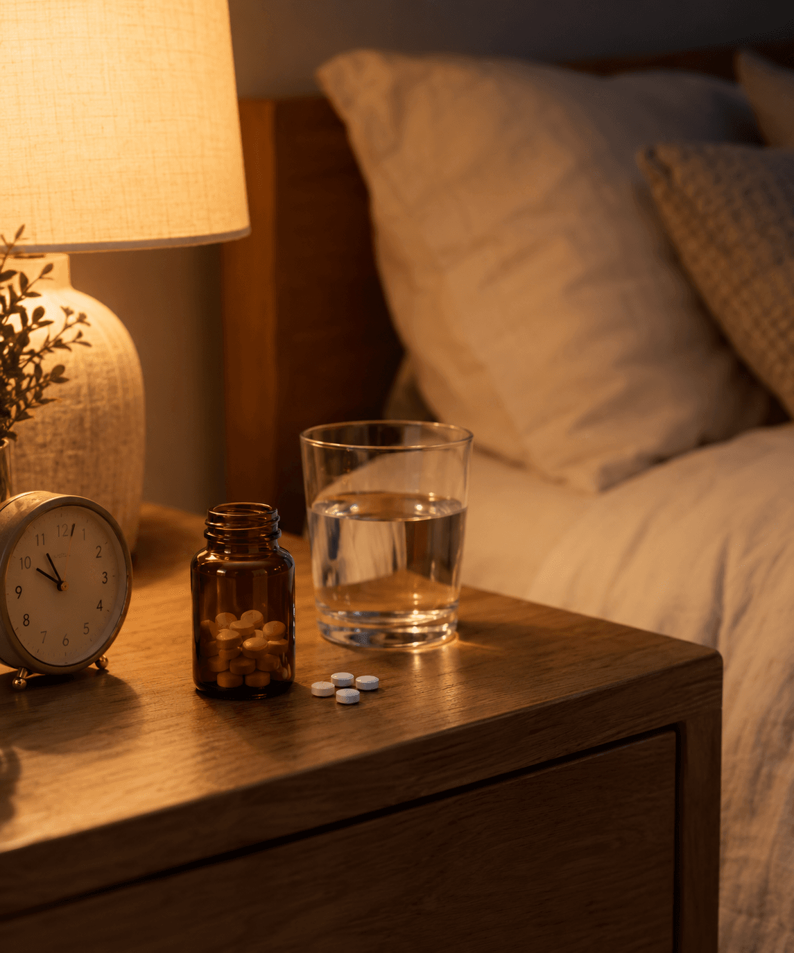 Flacon ambré de comprimés de mélatonine, verre d'eau et réveil sur une table de chevet la nuit dans une chambre paisible