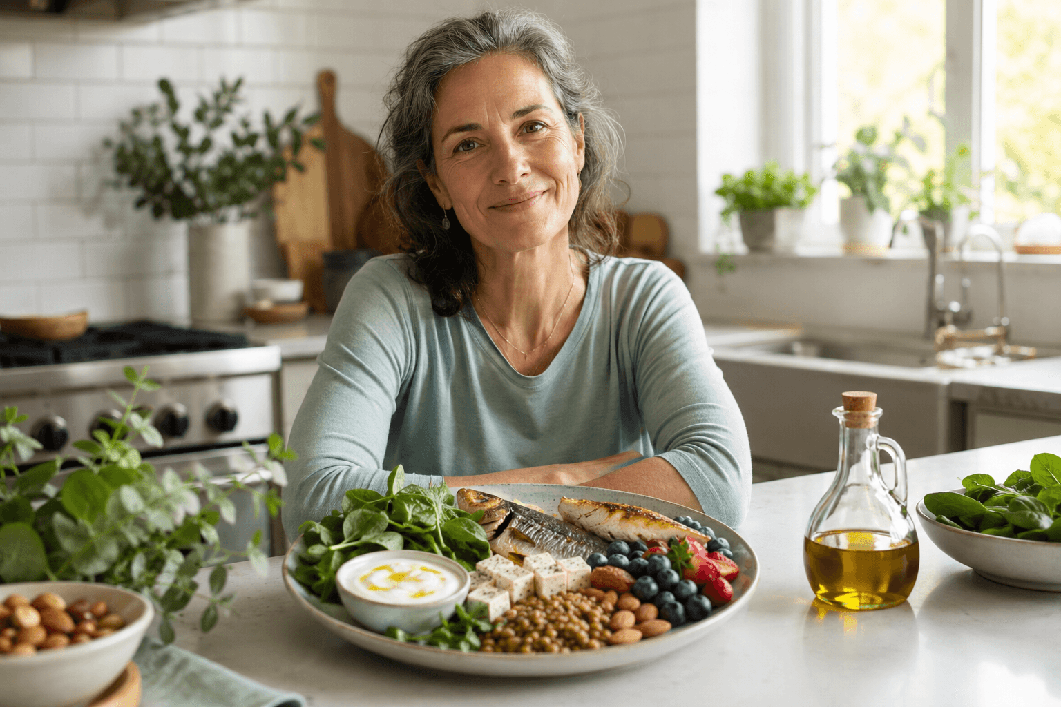 Femme d'âge mûr sereine devant une assiette équilibrée riche en calcium et en végétaux, lumière douce