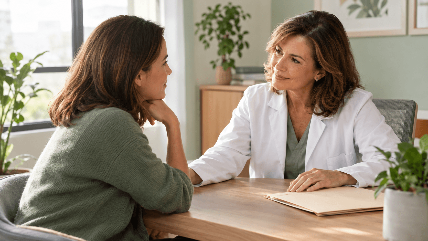 Femme d’environ 35 ans écoutant avec attention une gynécologue bienveillante dans un cabinet médical lumineux