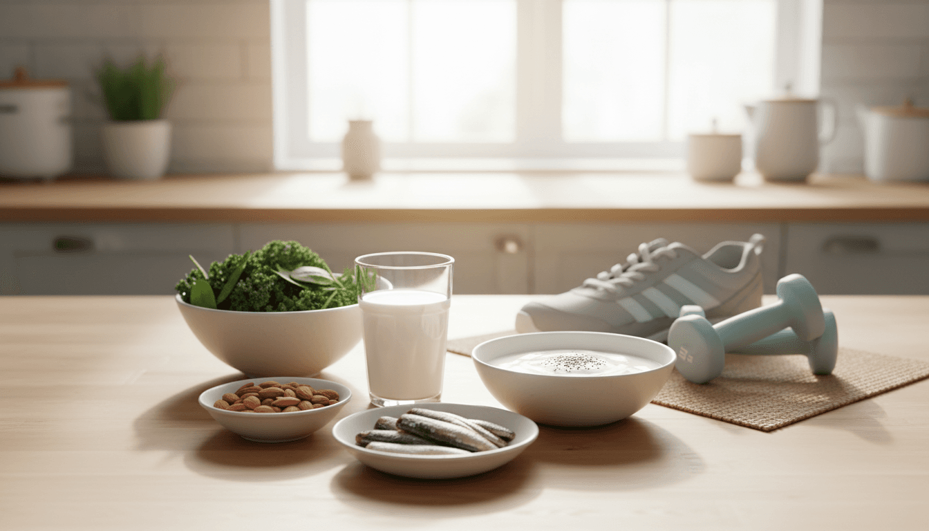 Table en bois baignée de lumière naturelle avec lait, légumes verts, amandes, sardines, haltères et chaussures de marche, évoquant la santé osseuse à la ménopause