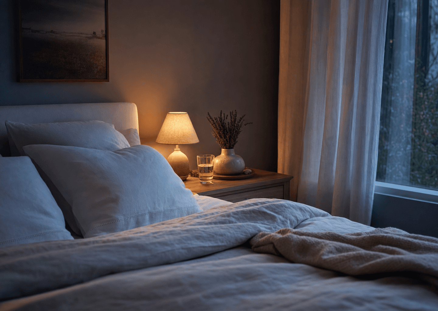Chambre paisible à la lumière tamisée le soir, lit accueillant près d'une fenêtre voilée, évoquant un sommeil serein et réparateur à la ménopause
