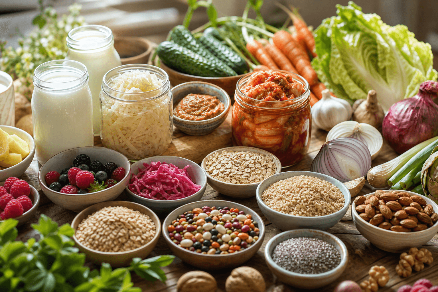 Table en bois garnie d'aliments fermentes et riches en fibres colores, yaourt, kefir, choucroute, legumes et fruits, favorables au microbiote intestinal et a l'immunite