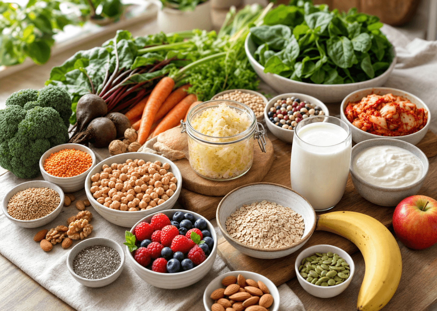 Étal coloré d'aliments favorables au microbiote : légumes variés, légumineuses, aliments fermentés (choucroute, kéfir, yaourt), fruits et noix disposés sur une table lumineuse.