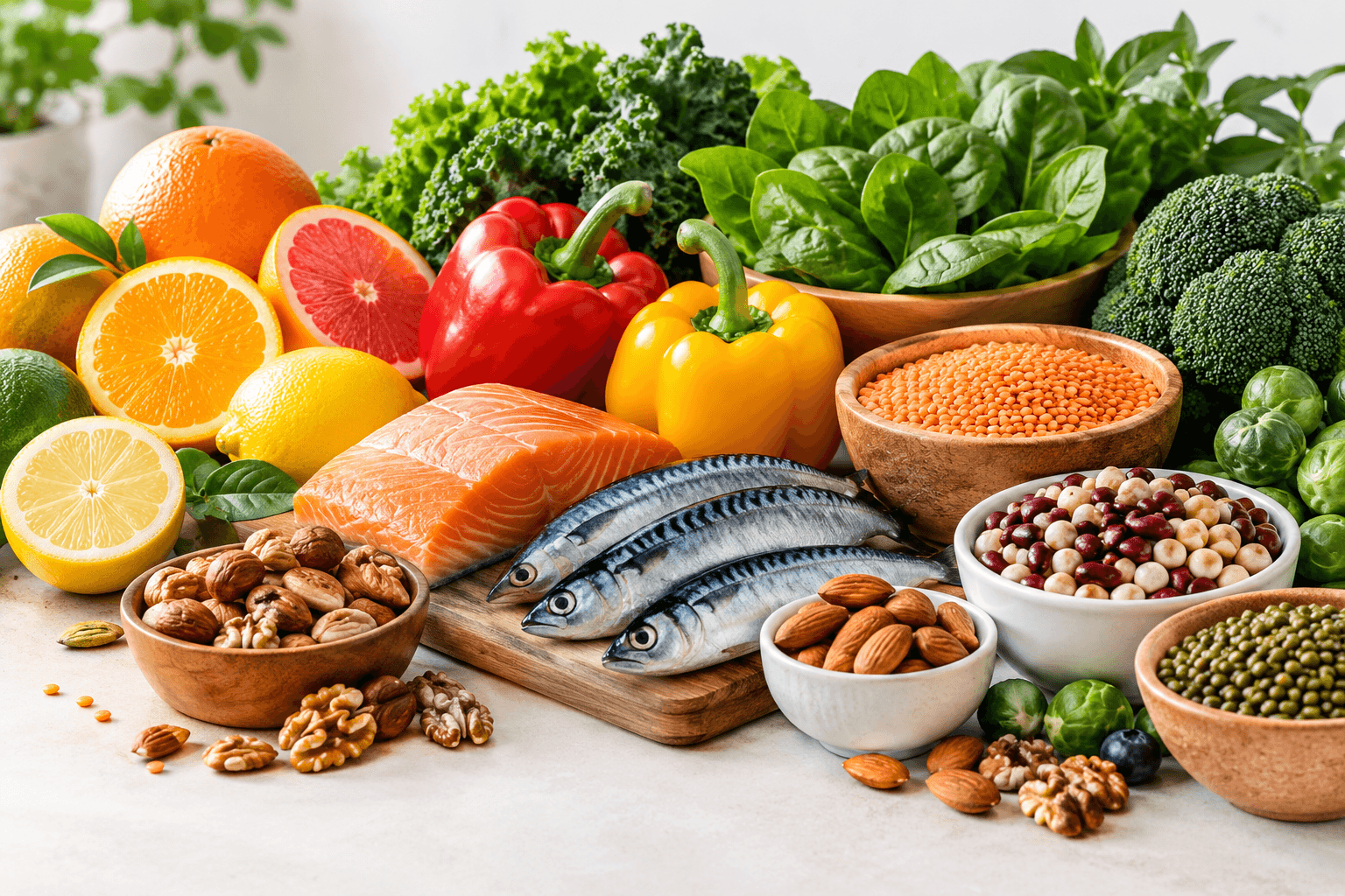 Assortiment d'aliments frais riches en vitamines, minéraux et oligoéléments