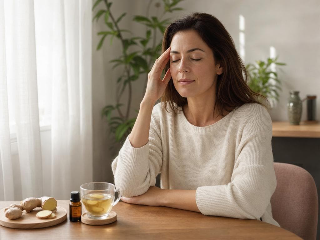 Femme pratiquant la respiration lente pour soulager une migraine, avec tisane au gingembre et huile essentielle sur la table