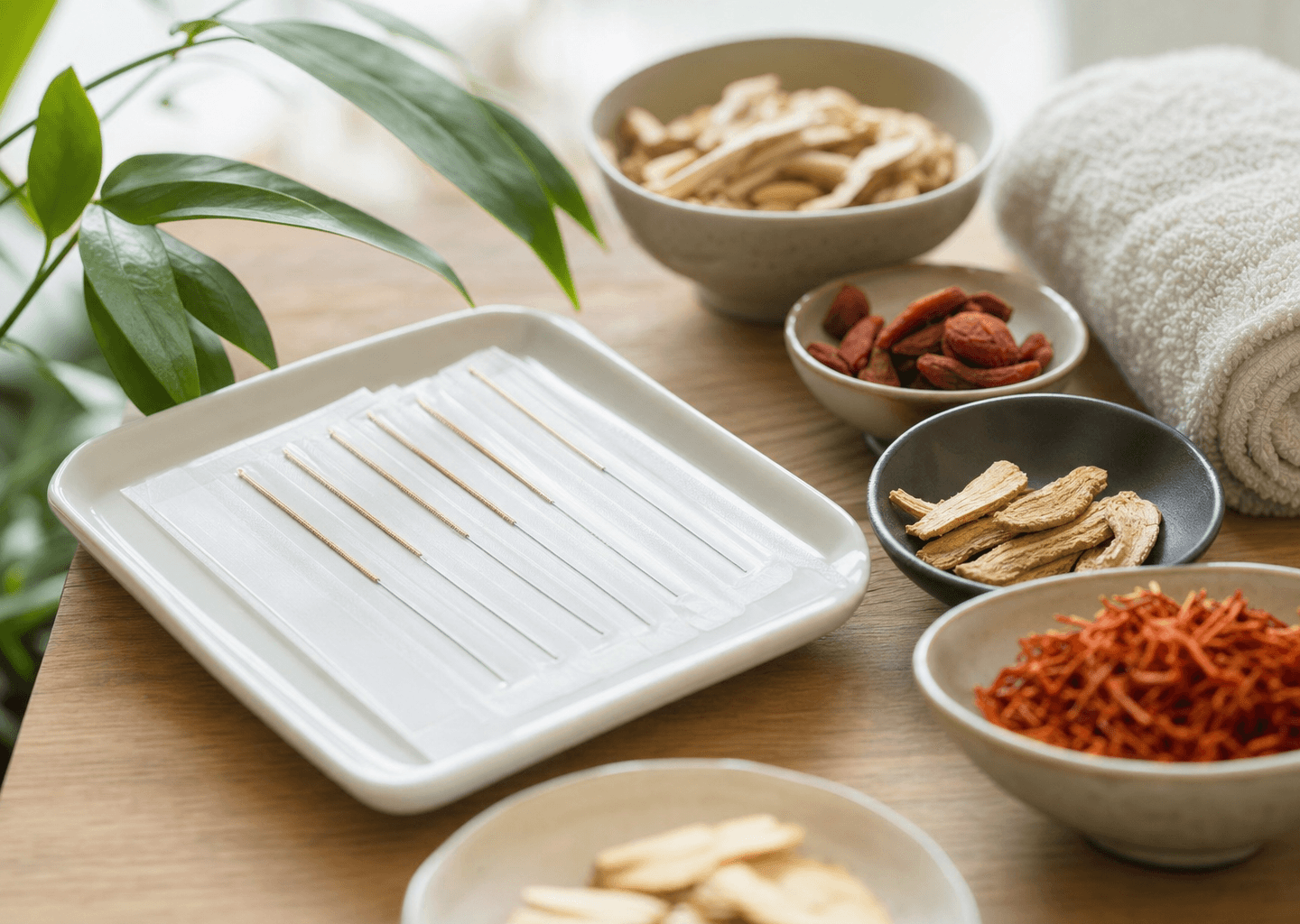 Aiguilles d'acupuncture stériles et plantes médicinales chinoises sur un plateau, illustrant la médecine chinoise appliquée aux problèmes de peau