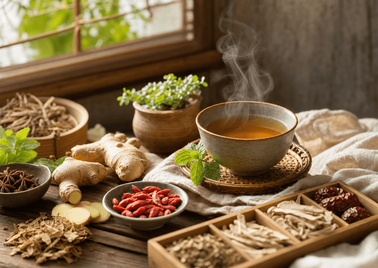 Tisane chaude, gingembre et plantes médicinales chinoises sur une table en bois, ambiance sereine évoquant la digestion et le bien-être en médecine traditionnelle chinoise