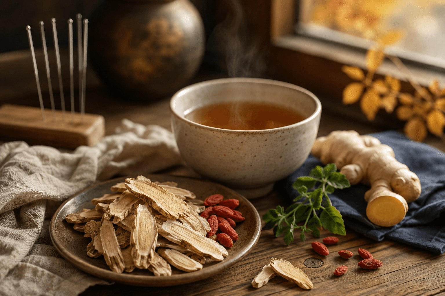 Tisane de plantes chinoises fumante, racine d'astragale et gingembre sur une table en bois baignée de lumière douce, ambiance apaisante de médecine traditionnelle chinoise
