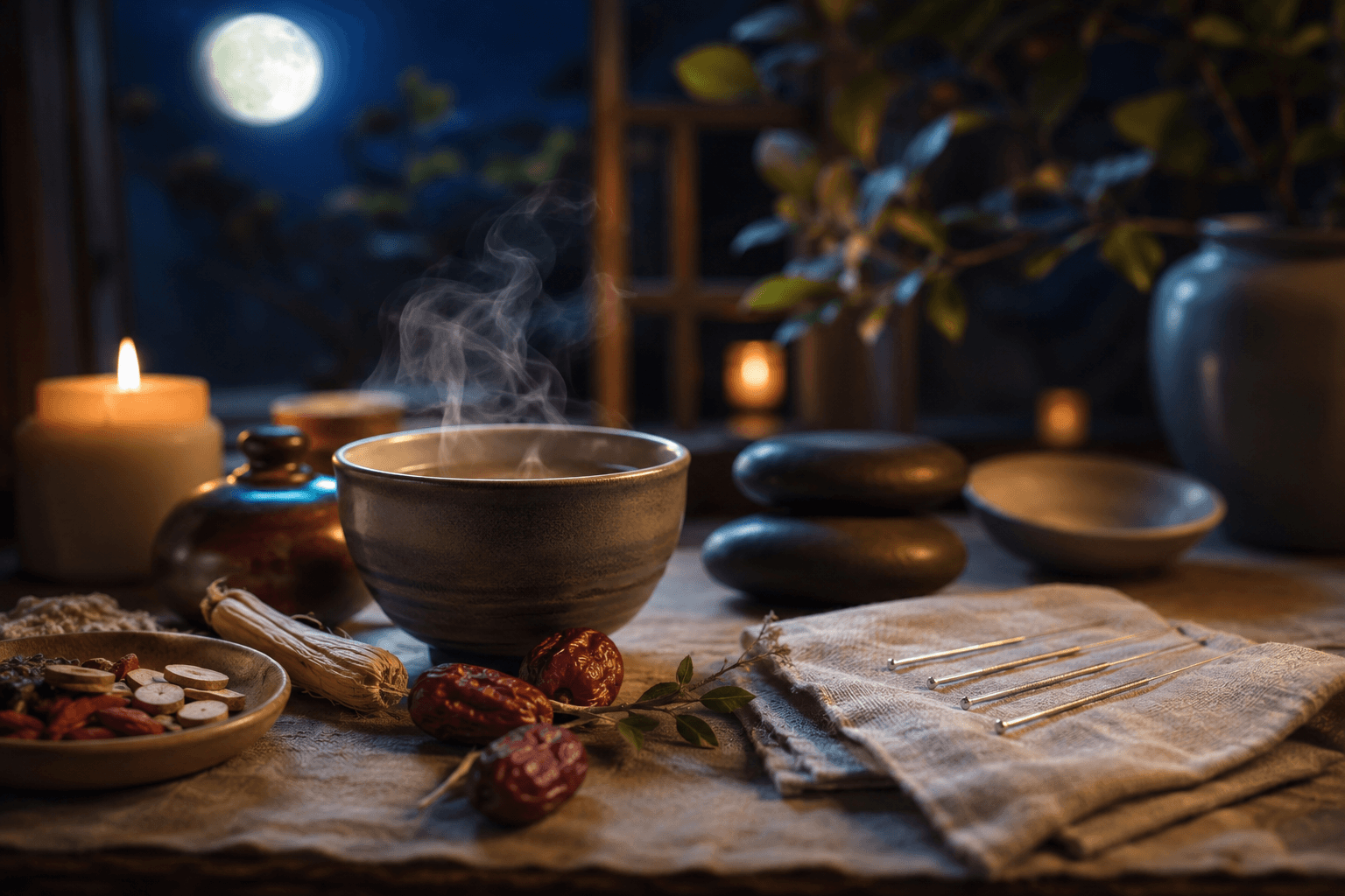 Ambiance nocturne apaisante de médecine traditionnelle chinoise : tisane, fines aiguilles d'acupuncture et pierres de massage pour un sommeil réparateur