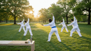 Un groupe vu de dos enchaîne des mouvements de qi gong dans un parc, les bras levés en arc de cercle