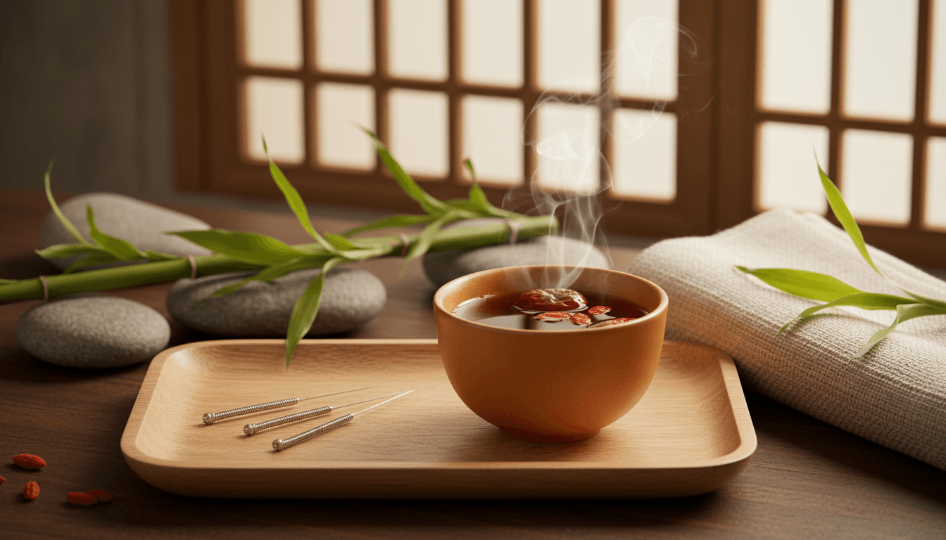 Ambiance sereine de médecine traditionnelle chinoise pour apaiser le stress : aiguilles d'acupuncture, tisane aux plantes et bambou dans une lumière douce