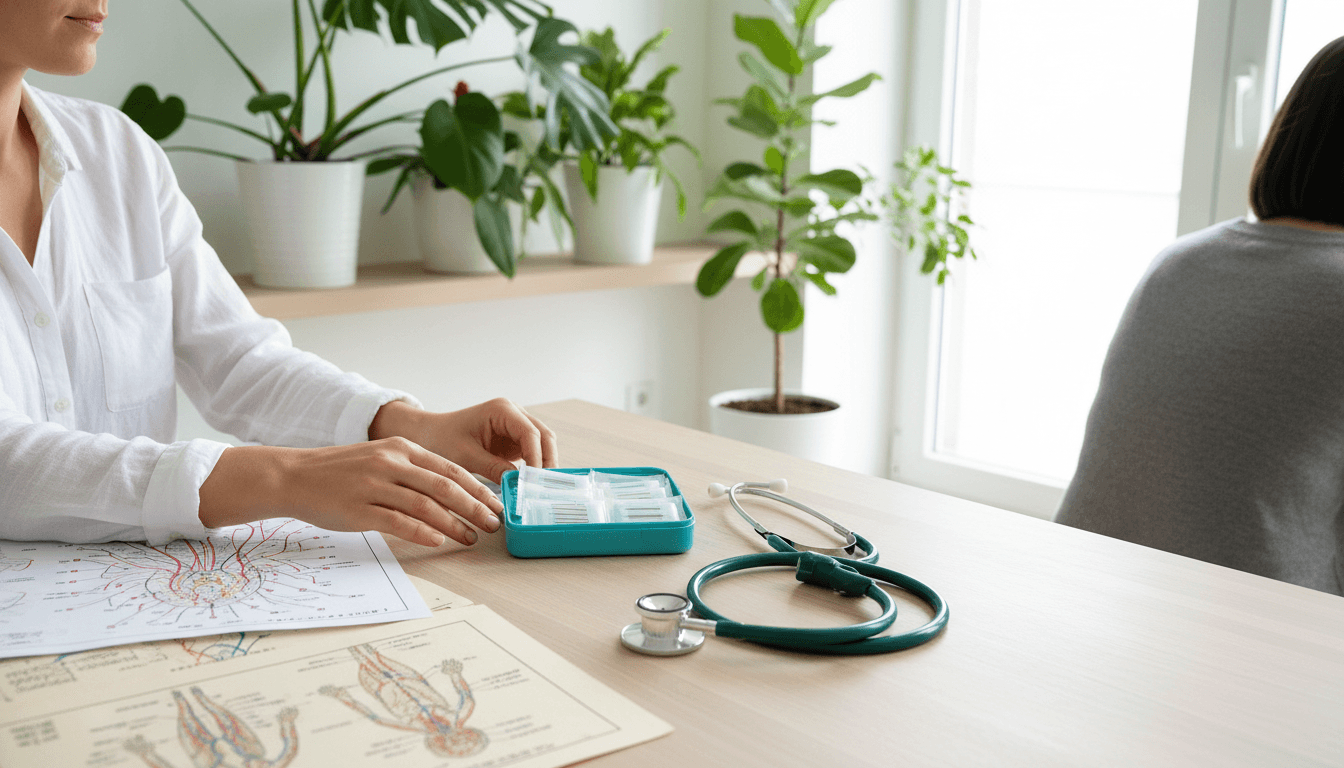 Vue plongeante sur un bureau où voisinent un stéthoscope, un étui d'aiguilles et deux planches