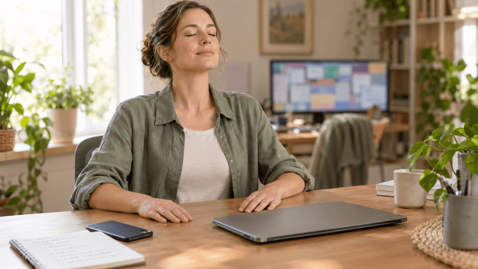 Femme assise à son bureau, yeux fermés, respirant calmement devant un ordinateur, téléphone retourné et liste de tâches