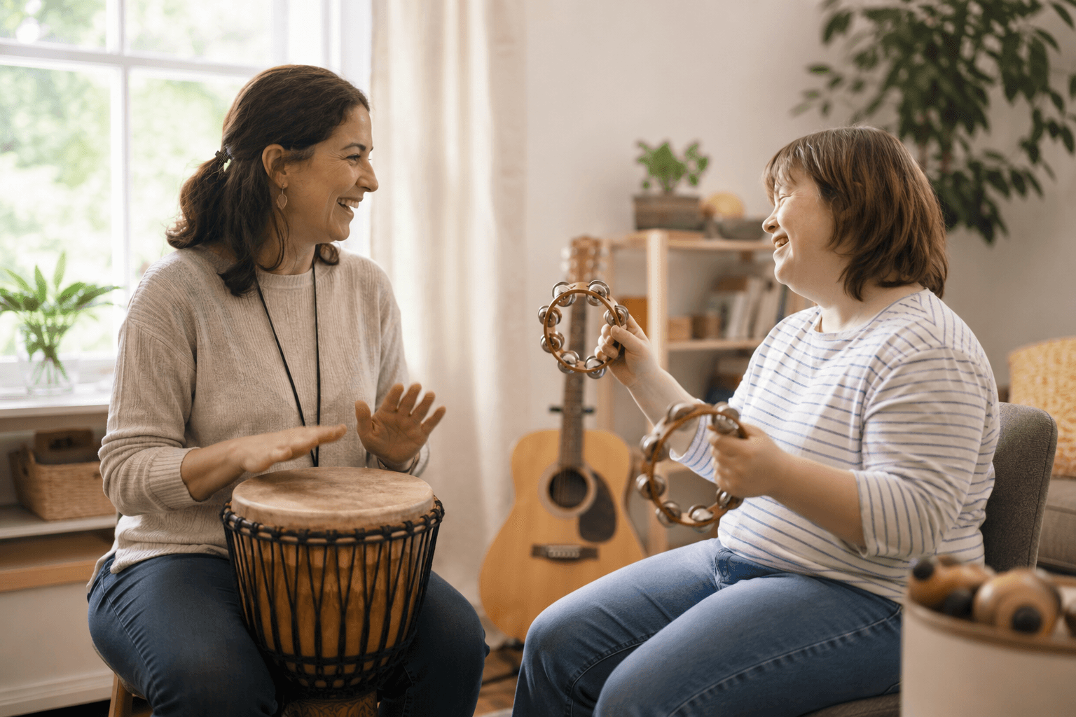 Un musicothérapeute et une personne jouant ensemble des instruments de percussion lors d'une séance de musicothérapie active