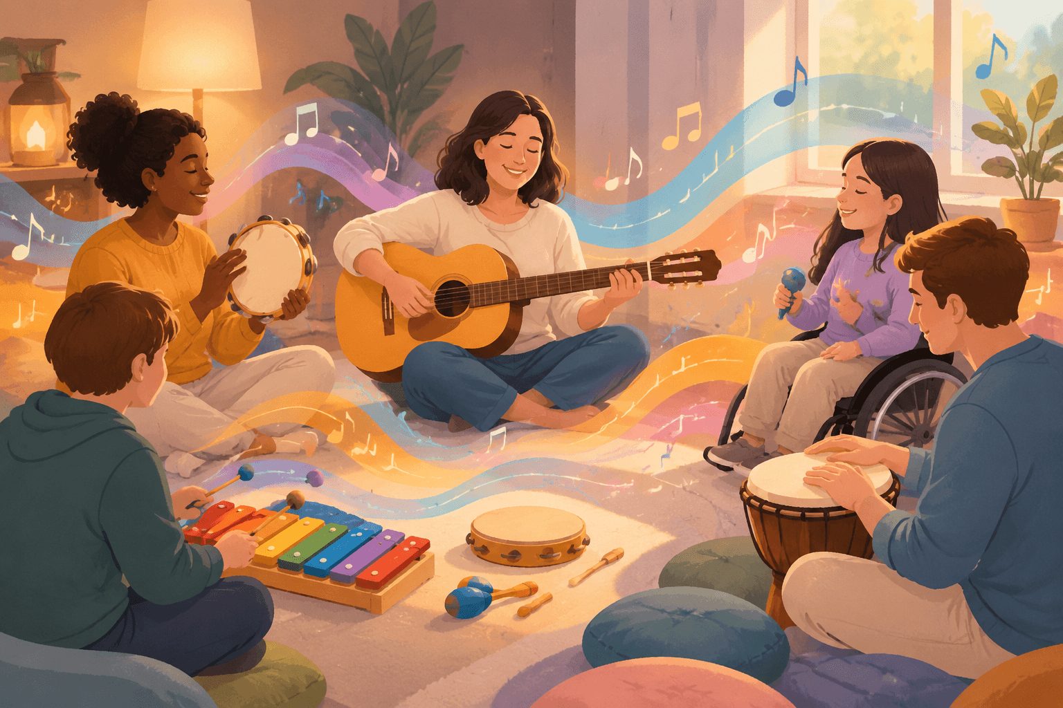 Accompagnement en musicothérapie : instruments et ambiance sonore apaisante pour soutenir la communication