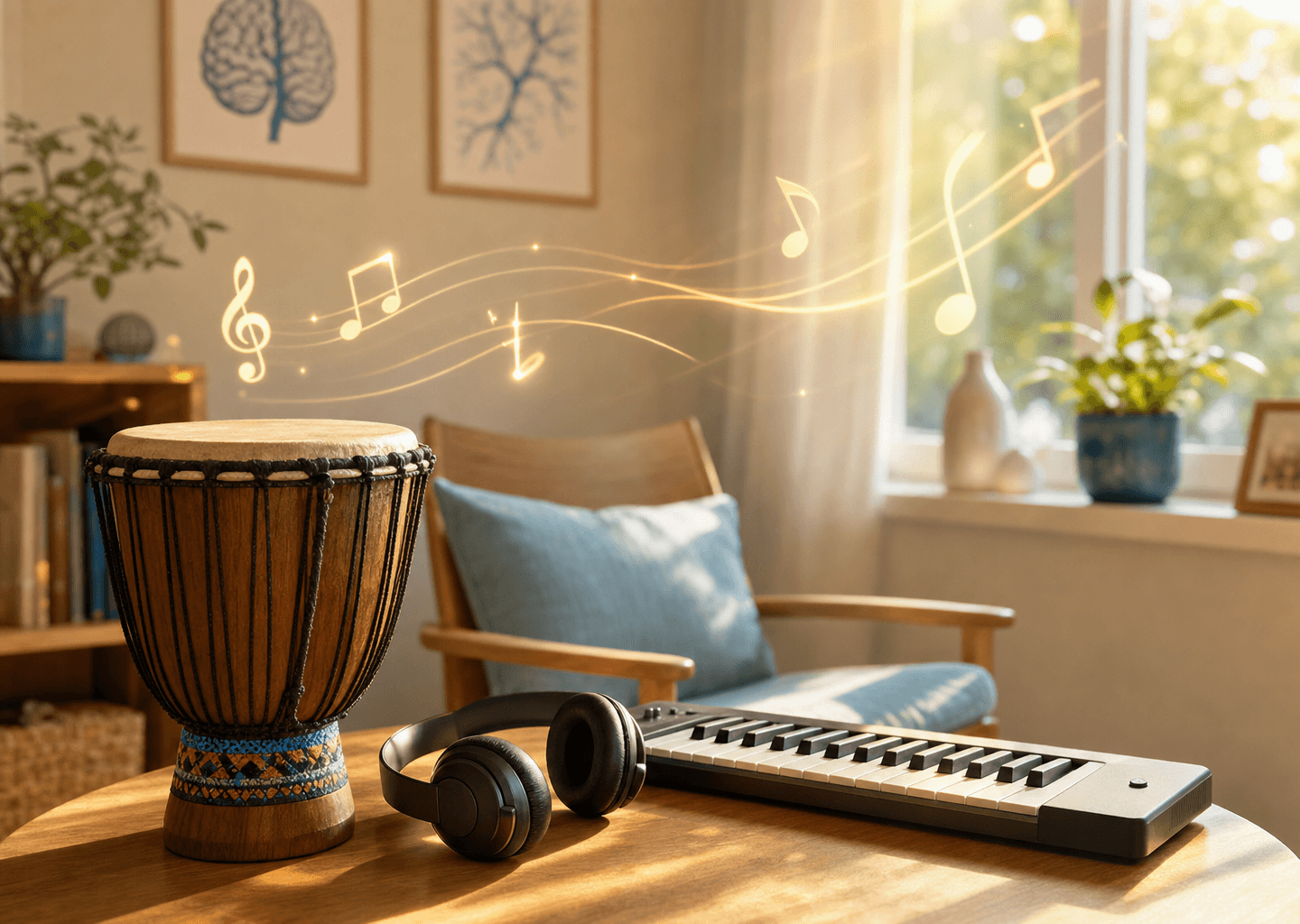 Instruments de musique et notes lumineuses dans une ambiance chaleureuse évoquant la rééducation par la musicothérapie après un AVC