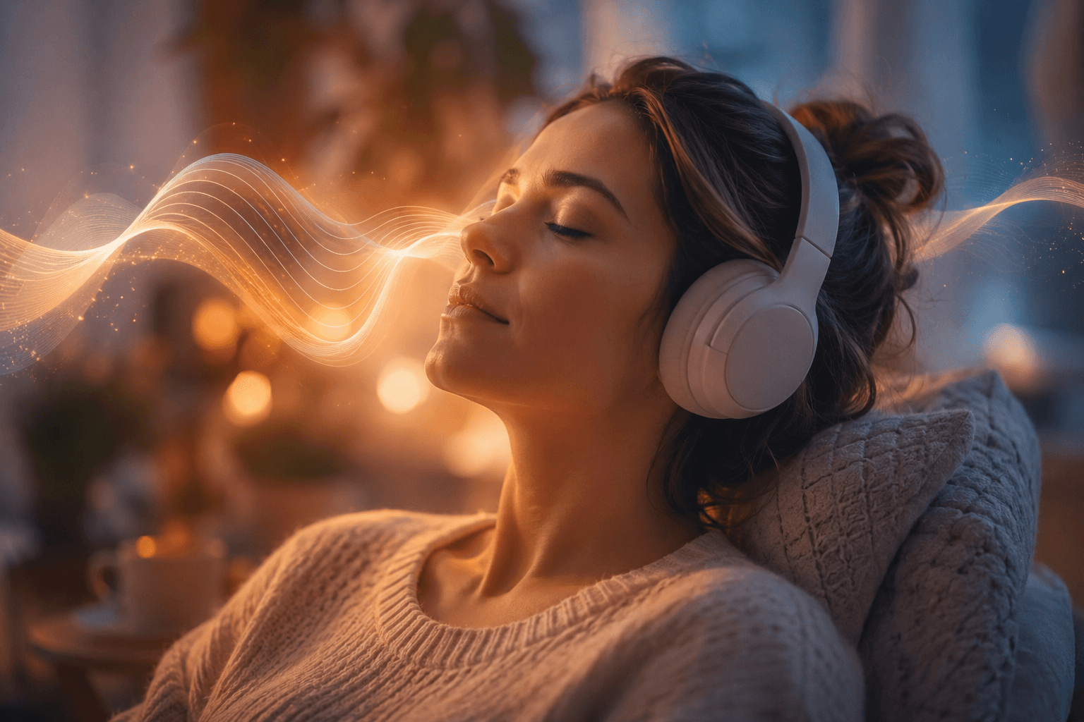Personne apaisée écoutant de la musique au casque, ambiance douce et enveloppante, ondes sonores stylisées