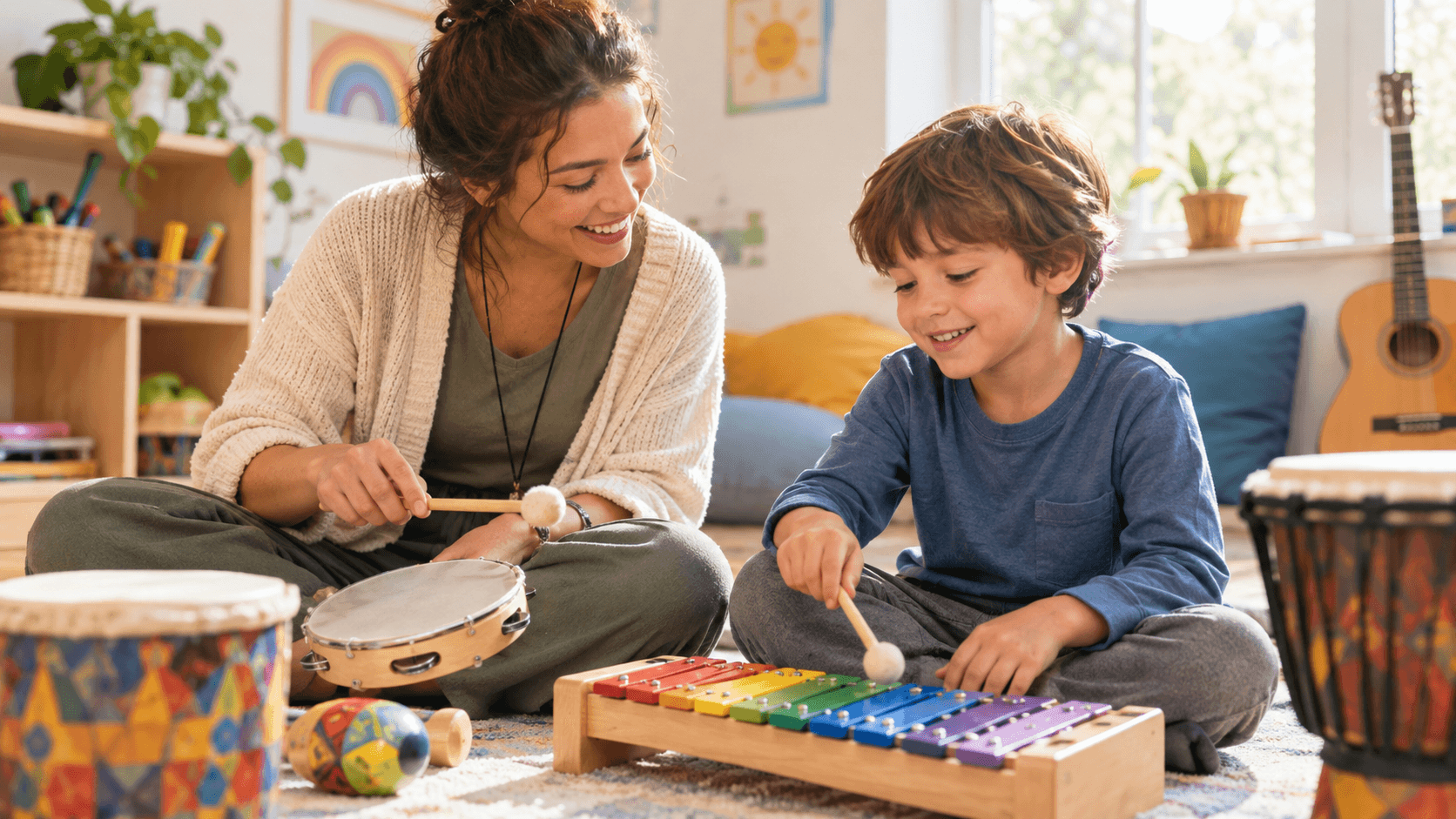 Musicothérapeute et enfant explorant ensemble de petites percussions et un xylophone dans une salle lumineuse et colorée dédiée à la musicothérapie.