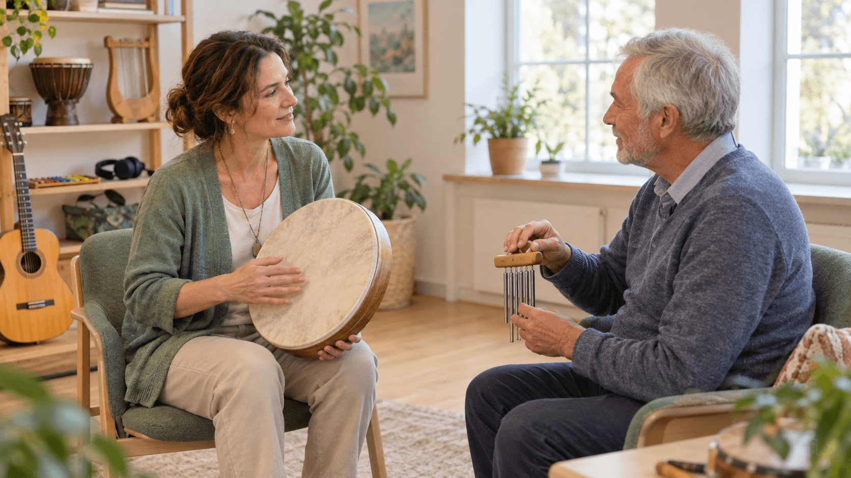 Musicothérapeute jouant d’un tambour sur cadre face à un homme âgé dans une salle lumineuse garnie d’instruments de musique
