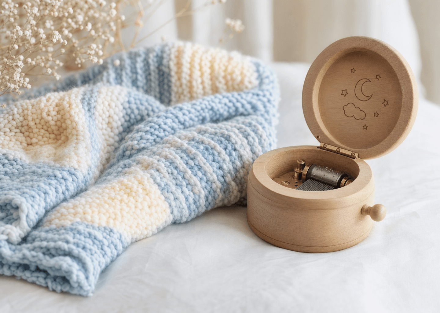 Petite couverture tricotée pastel et boîte à musique en bois sur un fond doux et clair, évoquant la douceur de la musicothérapie en néonatalogie