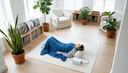 Vue plongeante sur une personne allongée sur un tapis, casque sur les oreilles et couverture posée