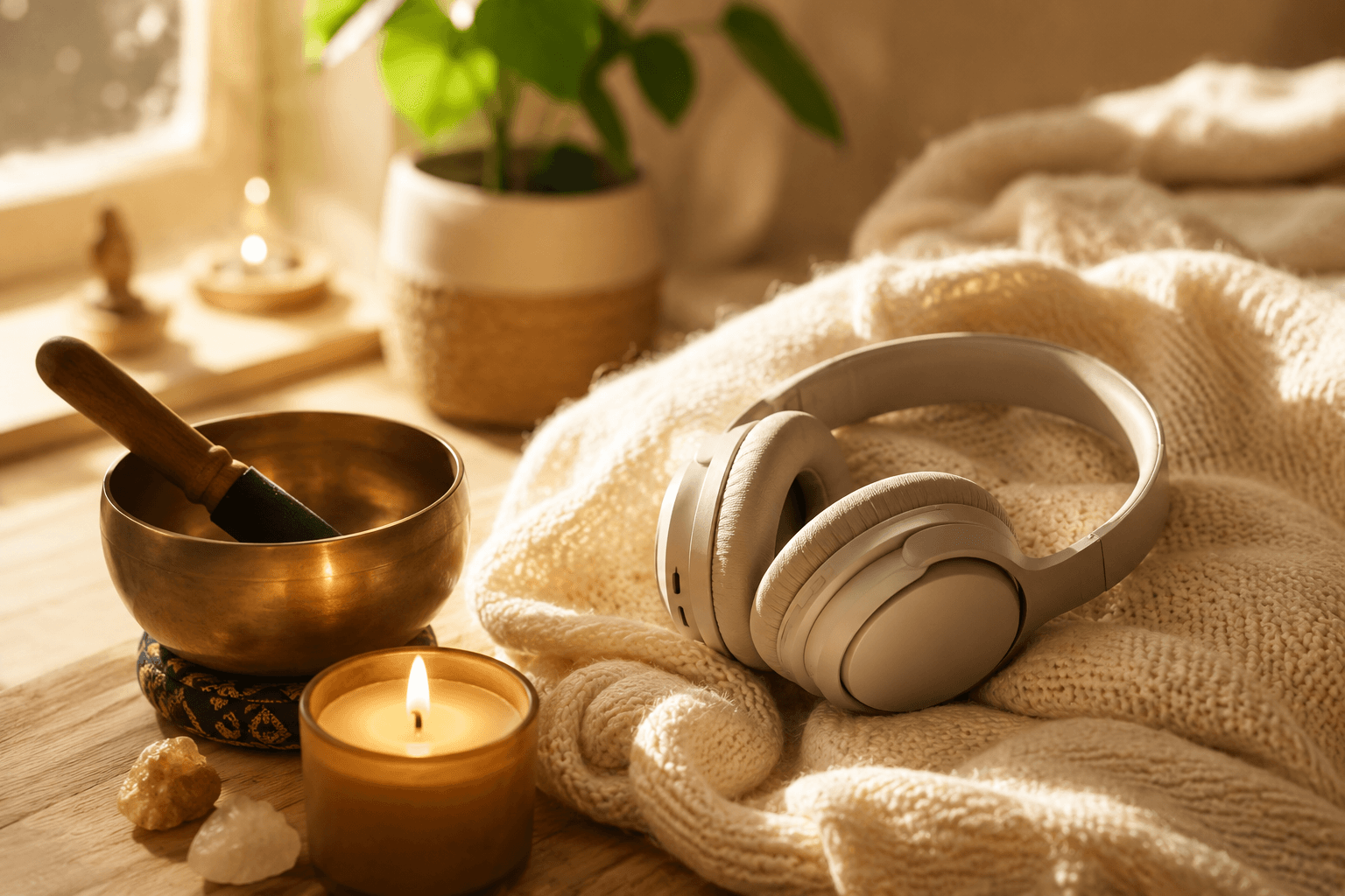 Casque audio, bougie et bol chantant tibétain dans une ambiance chaleureuse d'écoute et de relaxation en musicothérapie réceptive