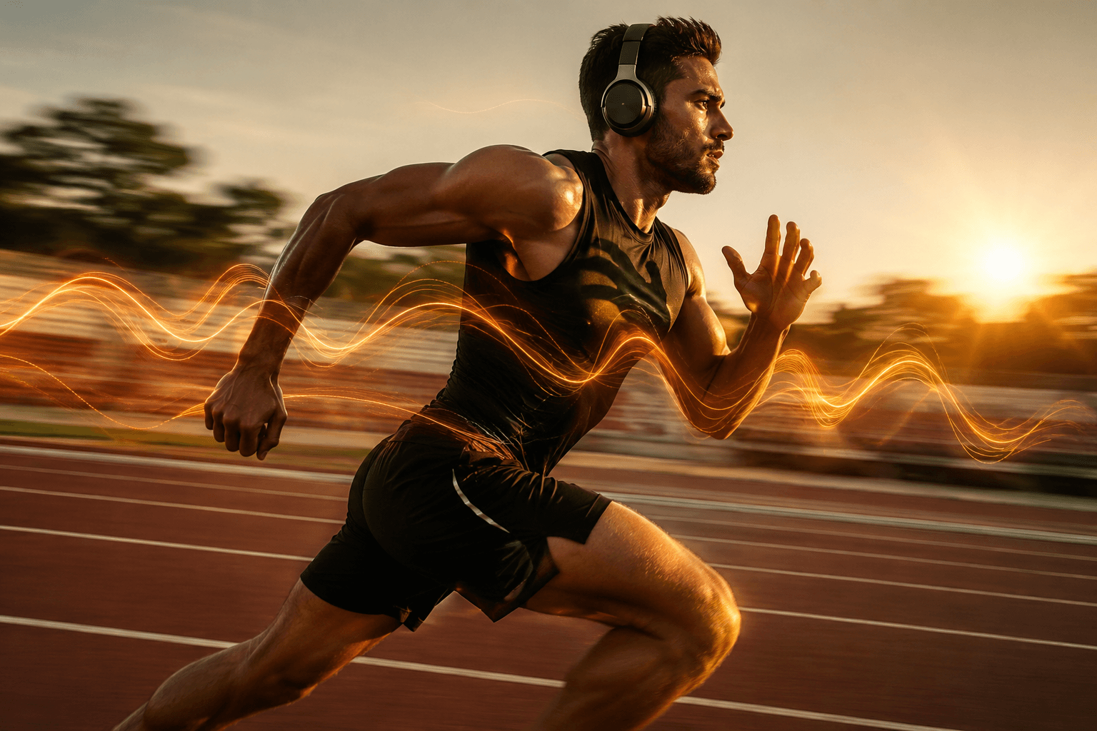Coureur athlétique en plein sprint sur une piste au coucher du soleil, casque audio sans fil, énergie et mouvement évoquant la musique dans le sport
