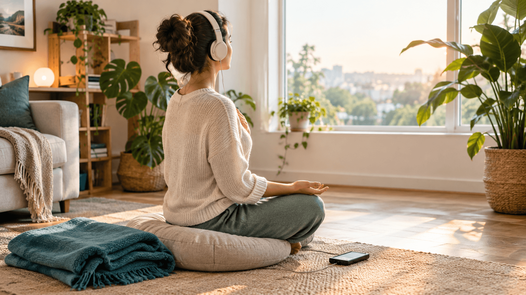 Femme de profil avec un casque audio, assise près d’une fenêtre, main sur la poitrine, écoutant une musique apaisante