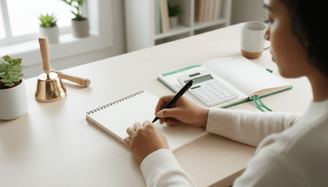 Vue plongeante sur des mains écrivant dans un carnet près d'une calculatrice et d'un agenda ouvert