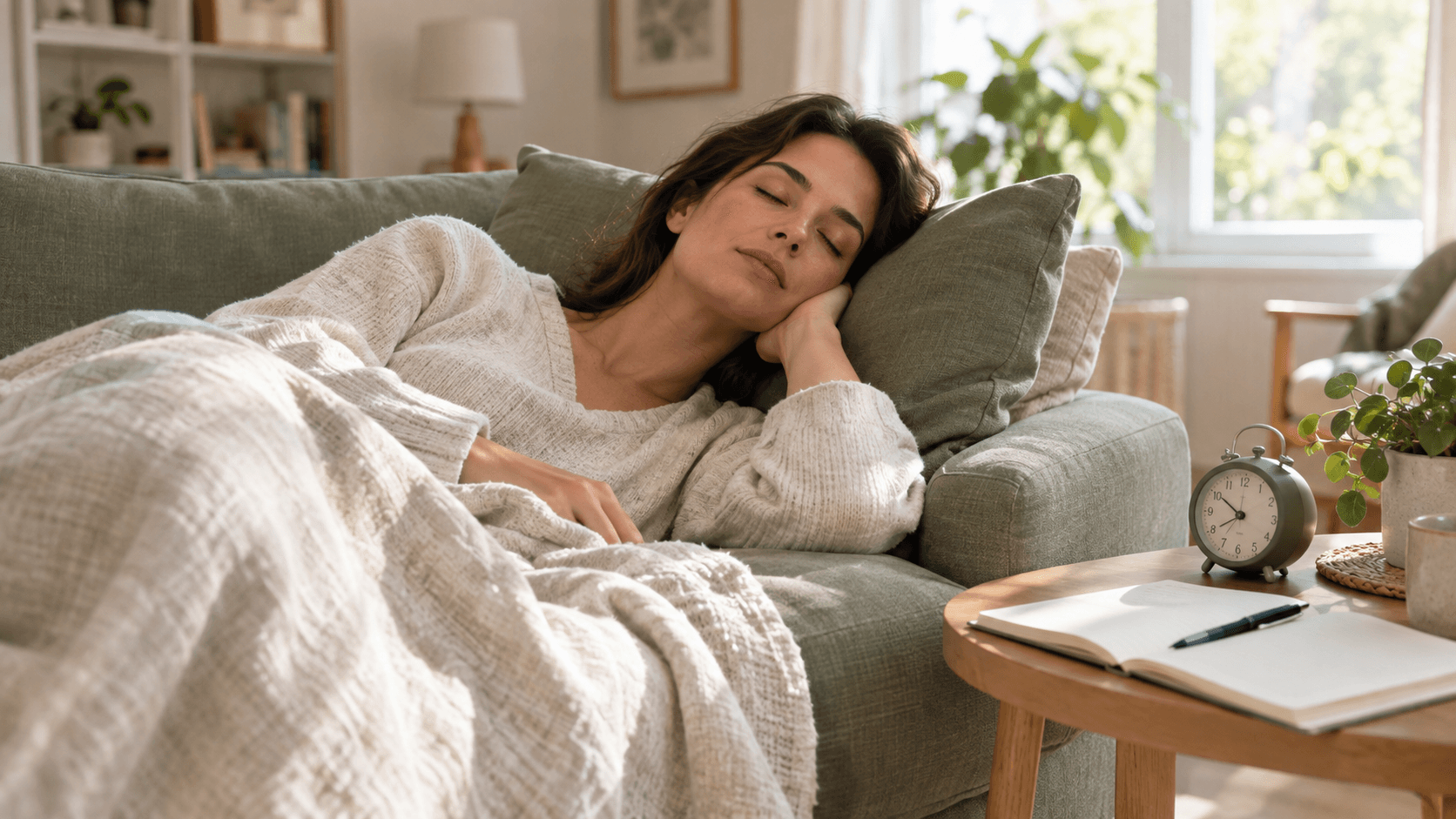 Femme d’une trentaine d’années faisant une courte sieste programmée sur un canapé, réveil posé sur la table basse