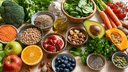 Table en bois avec une variété d'aliments frais et naturels : légumes colorés, fruits, légumineuses, céréales complètes, oléagineux et huile d'olive