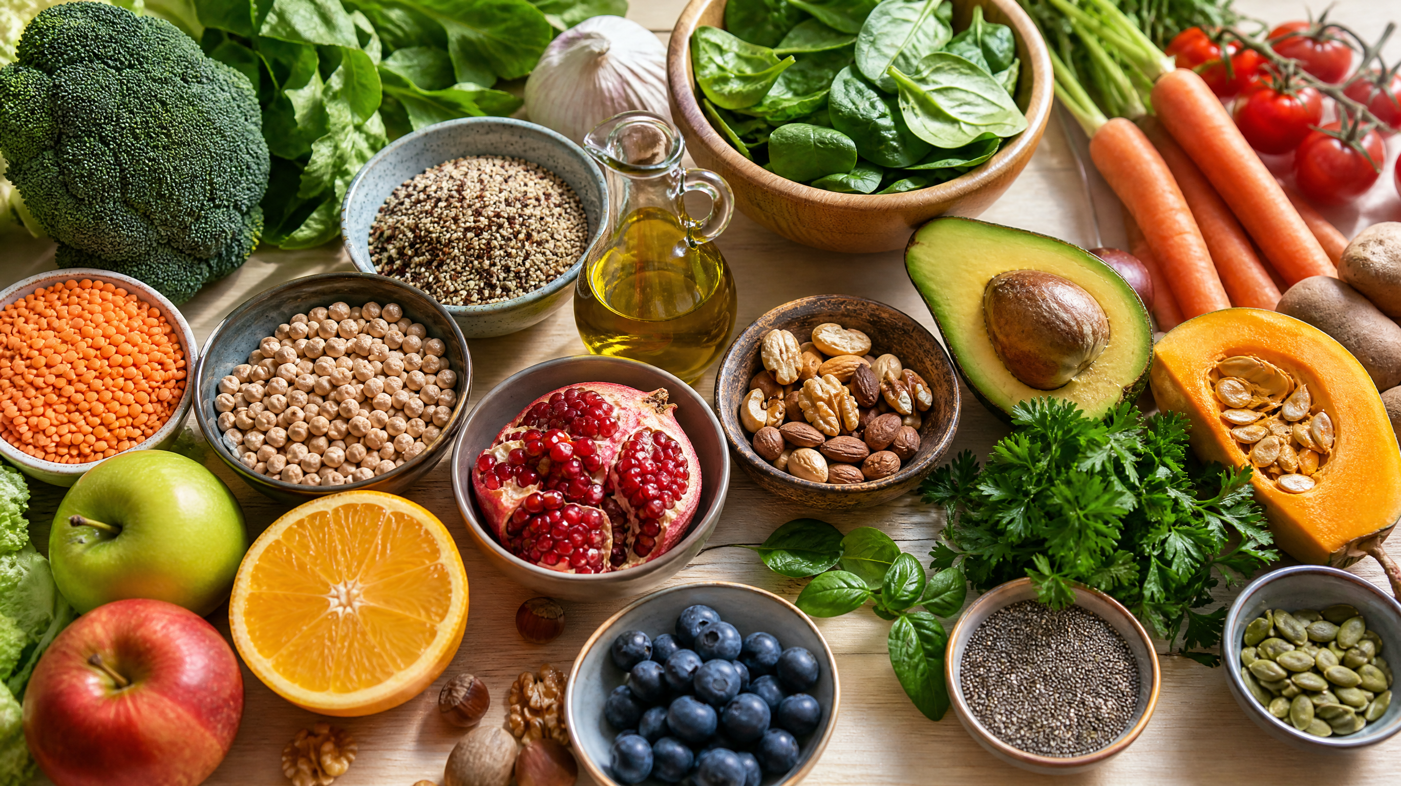 Table en bois avec une variété d'aliments frais et naturels : légumes colorés, fruits, légumineuses, céréales complètes, oléagineux et huile d'olive