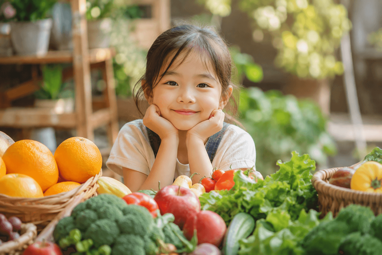 Enfant serein et en bonne santé en plein air, entouré de fruits et légumes frais, dans une ambiance douce et rassurante