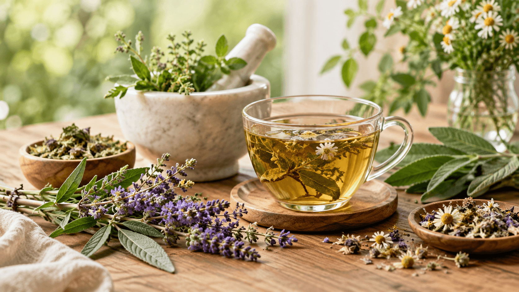 Nature morte apaisante avec plantes médicinales et tisane illustrant la naturopathie et l'équilibre hormonal