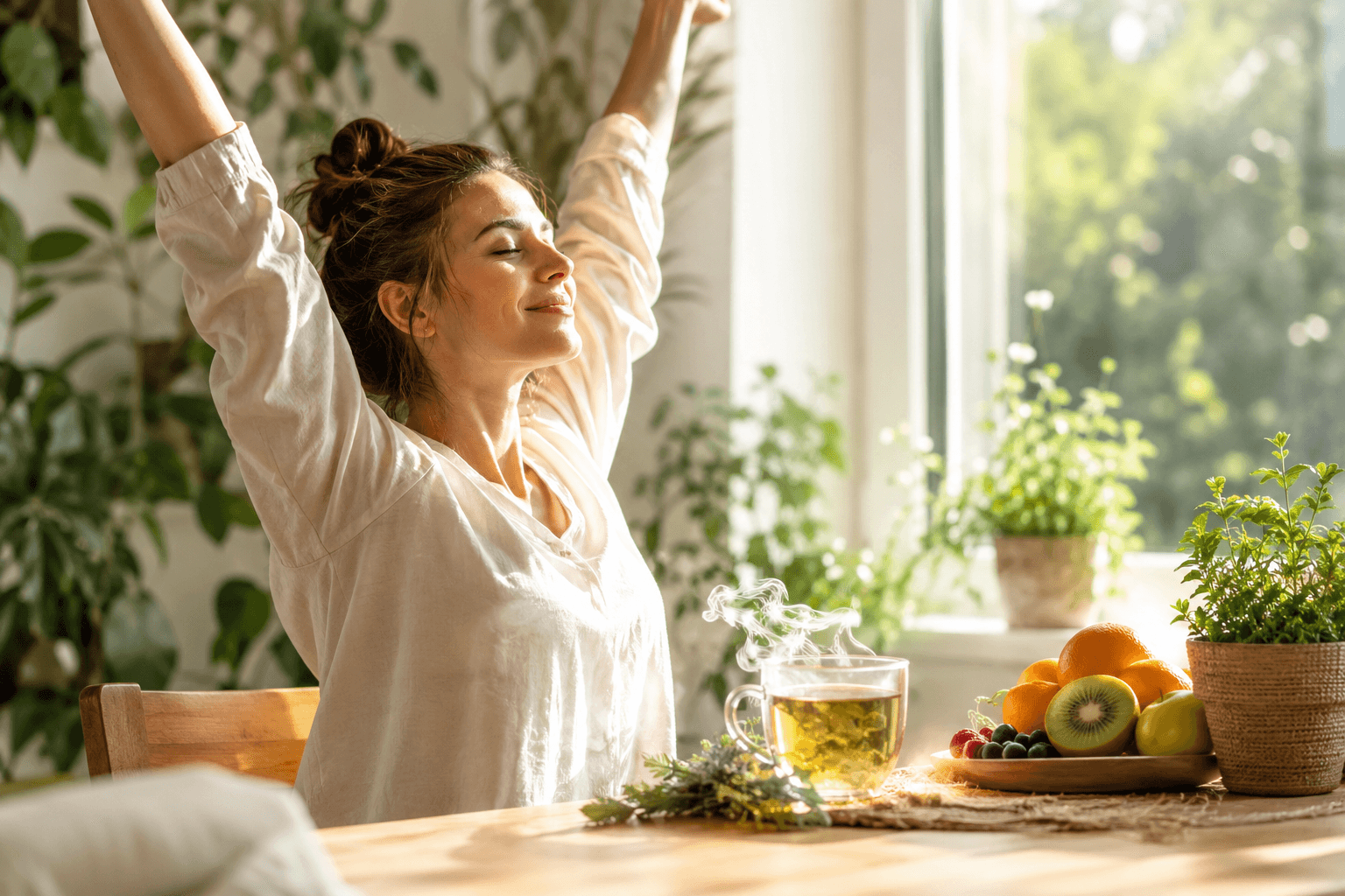 Femme sereine s'étirant au réveil près d'une fenêtre ensoleillée avec tisane et fruits frais, ambiance naturopathie et énergie retrouvée