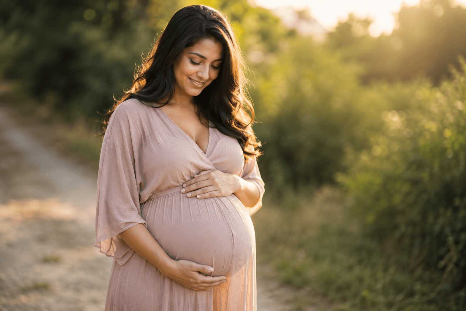 Femme enceinte sereine et épanouie en pleine nature, accompagnement bien-être de la grossesse