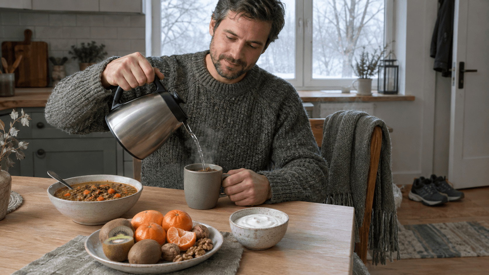 Homme en pull de laine versant une tisane dans une cuisine en hiver, soupe de lentilles, kiwis et clémentines sur la table