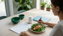 Vue plongeante sur des mains remplissant un planning de repas près d'une assiette de poisson