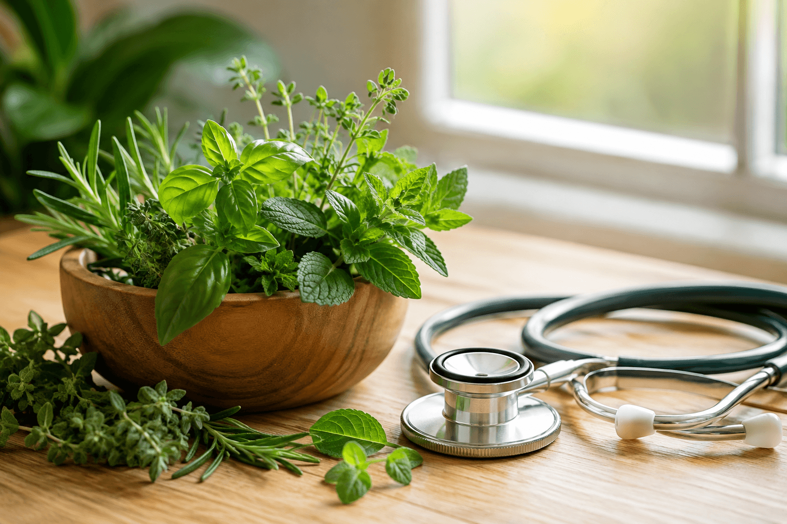 Plantes médicinales fraîches et stéthoscope de médecin posés sur une table en bois clair, symbole de la complémentarité entre naturopathie et médecine