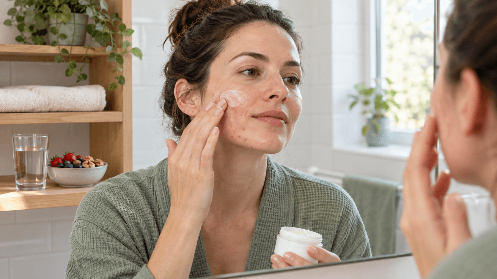 Femme appliquant une crème sans parfum devant un miroir, quelques boutons sur la mâchoire, baies et noix à côté