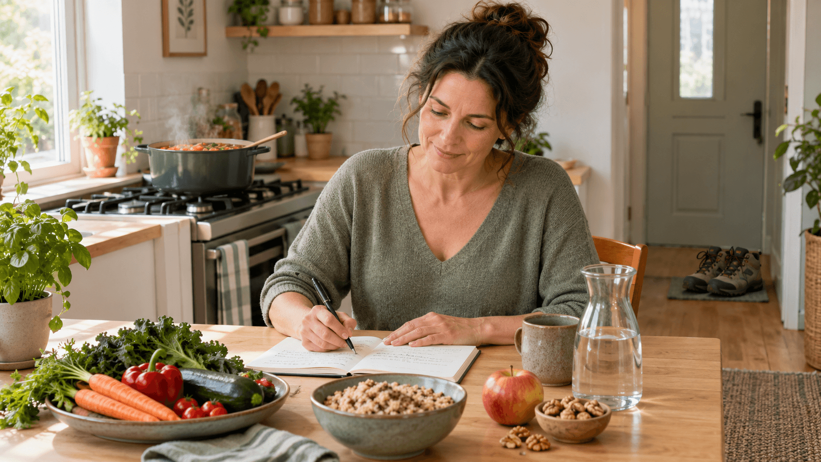 Femme d’une quarantaine d’années prenant des notes dans sa cuisine, devant des légumes et un plat mijoté, sans balance