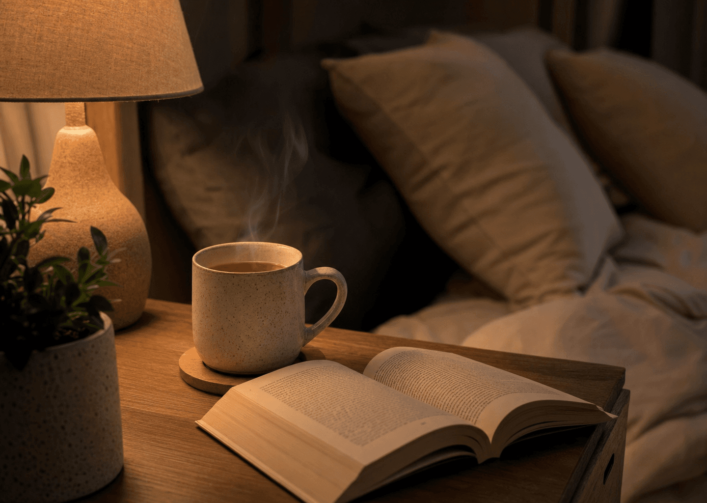 Rituel du soir apaisant : tisane chaude, livre ouvert, plante verte et lampe à lumière tamisée dans une chambre ordonnée propice au sommeil