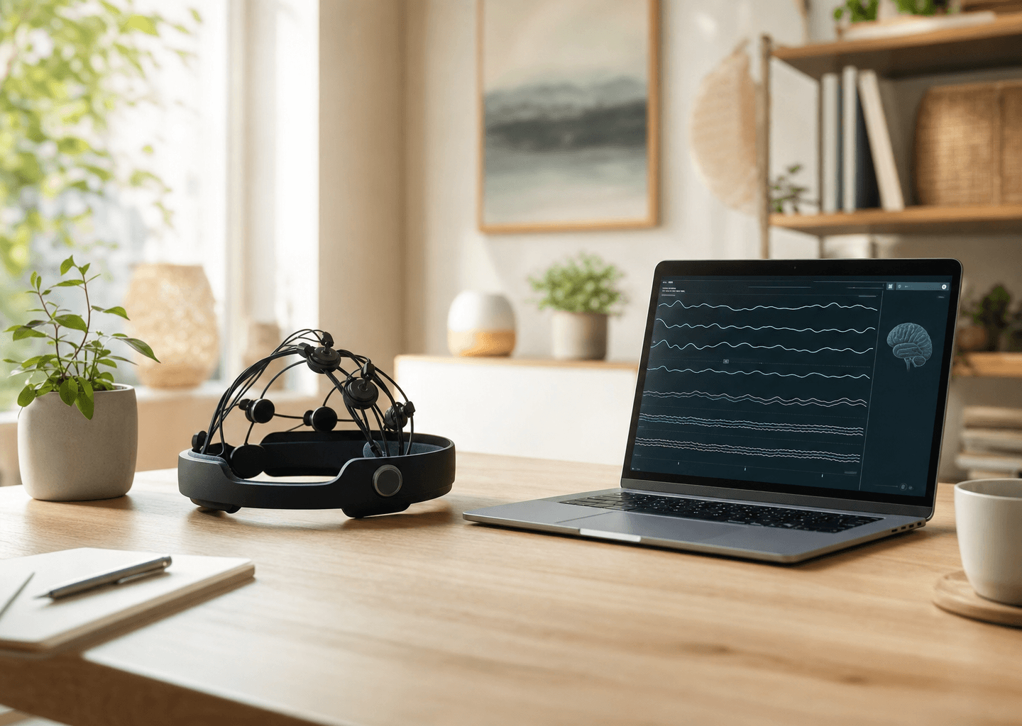 Casque EEG de neurofeedback posé sur un bureau clair avec un écran affichant des ondes cérébrales douces