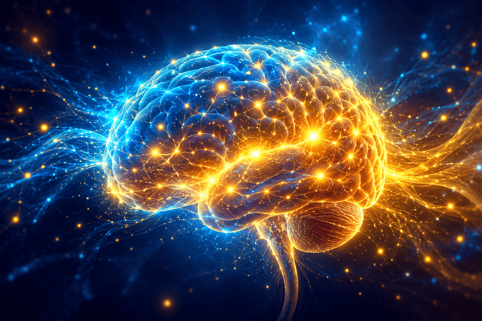 Cerveau lumineux et connexions neuronales dynamiques symbolisant la neuroplasticité, l'apprentissage et la transformation