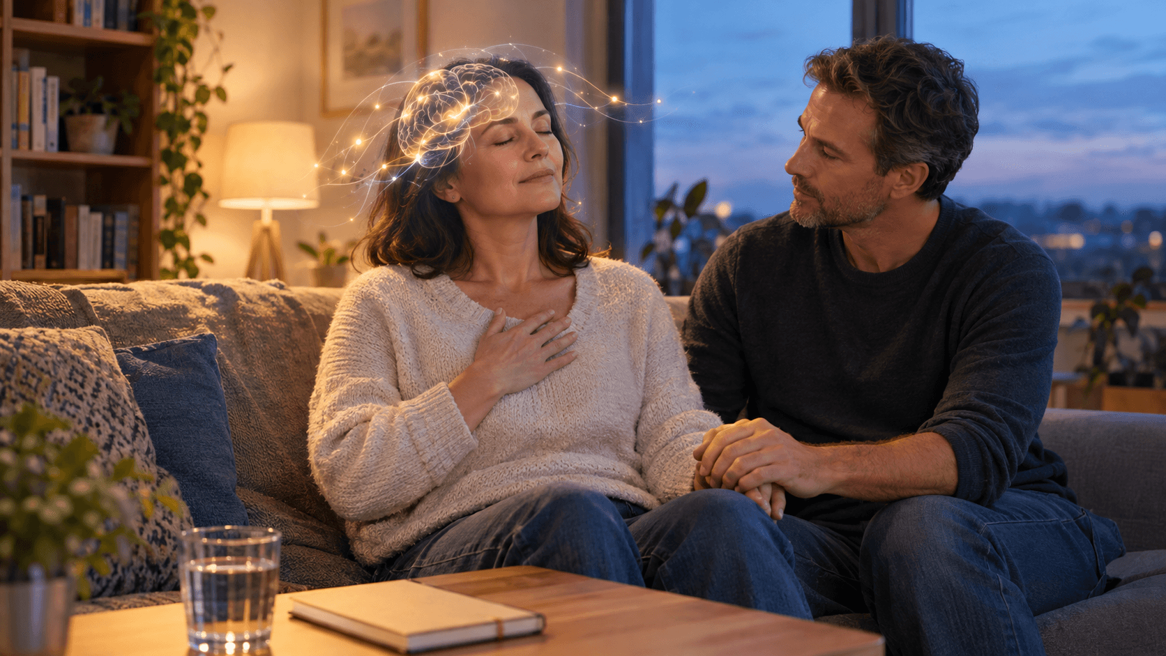 Adulte assis sur un canapé, les yeux fermés, soutenu par un proche qui lui tient la main dans un salon apaisé
